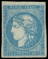 (*) EMISSION DE BORDEAUX - 44A  20c. Bleu, T I R I, Petite Fente Dans La Marge, Sinon TB. Certif. Miro - 1870 Emissione Di Bordeaux