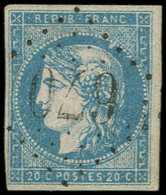 EMISSION DE BORDEAUX - 44B  20c. Bleu, T I, R II, Obl. GC 670, Frappe Légère, TB/TTB - 1870 Ausgabe Bordeaux