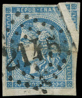 EMISSION DE BORDEAUX - 45C  20c. Bleu, T II, R III, PLI ACCORDEON (2 Mm), Obl. GC 2145, TTB - 1870 Uitgave Van Bordeaux