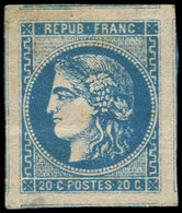 * EMISSION DE BORDEAUX - 46A  20c. Bleu, T III, R I, Point Clair Et Plis, Marges énormes, 8 Voisins, Aspect Superbe - 1870 Bordeaux Printing