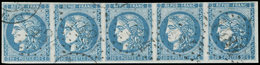 EMISSION DE BORDEAUX - 46A  20c. Bleu, T III, R I, BANDE De 5, Un Ex. Filet Coupé, Un Autre Au Filet, Obl. GC 1484, Au V - 1870 Emissione Di Bordeaux