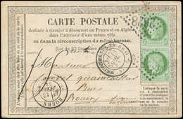 Let CERES DENTELE - 53    5c. Vert-jaune Sur Azuré, PAIRE Obl. GC 2628 S. CP, Càd T17 NEUFCHATEL-EN-BRAY 13/7/74 Et Taxe - 1871-1875 Ceres