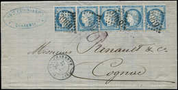 Let CERES DENTELE - 60A  25c. Bleu BANDE De 5 Obl. GC 3969 S. LAC, Càd T17 TONNAY-CHARENTE 27/11/73, TTB - 1871-1875 Ceres