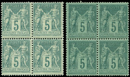 ** TYPE SAGE - 75 Et 75f, 5c. Vert Et Vert Sur Verdâtre, 2 BLOCS De 4, TB - 1876-1878 Sage (Type I)