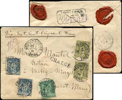 Let TYPE SAGE SUR LETTRES - N°75, 82 (2) Et 90 (2) Obl. NEUILLY-S-SEINE 1/6/91 S. Env. CHARGE, TB - 1877-1920: Periodo Semi Moderno