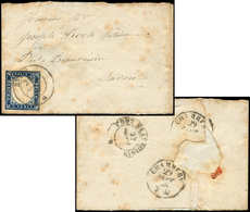 Let DUCHE DE SAVOIE - Oblitérations Sur Timbres Sardes N°12 Obl. Càd Sarde EVIAN 28/8/58 Sur Lettre Incomplète, Arr. PON - 1849-1876: Classic Period