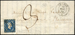 Let DUCHE DE SAVOIE - Oblitérations Sur Timbres Sardes N°2 Au Filet Obl. GRILLE Sarde S. LAC, Càd Sarde THONON 19/11/52, - 1849-1876: Période Classique