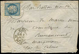 Let BALLONS MONTES - N°37 Obl. Etoile 1 Faible Et Donc Ré-obl. Càd T16 MARQUION 12/1/71 à L'arrivée S. Env., Càd Pl. De  - War 1870