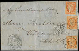 Let DESTINATIONS - N°38 (3 Dt 1 Déf.) Obl. Càd Pl. De La Bourse 1/7/76 S. LAC, Tarif Insuff. Pour Voie De Panama (1f30)  - 1849-1876: Classic Period