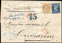 Let DESTINATIONS - N°13A Défx Et 14A Obl. PC 1495 S. LAC, Càd Rouge BUREAU MARITIME/LE HAVRE 2/7/57 Pour CARTHAGENE Par  - 1849-1876: Période Classique