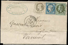 Let AFFRANCHISSEMENTS DE SEPTEMBRE 1871 - N°25, 27 Et 37 Obl. GC 454 S. LAC, Càd T17 EVREUX 6/9/71, TB - 1849-1876: Classic Period