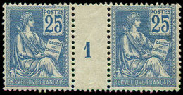 ** EMISSIONS DU XXème SIECLE - 118   Mouchon, 25c. Bleu, PAIRE Mill.1, Un Ex. *, Bon Centrage, TB, Cote Des Timbres - Unused Stamps