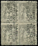 (*) PREOBLITERES - 13   Sage,  3c. Gris, 10 SEPT, BLOC De 4 Consolidé, Qqs Défauts, Sinon R Et TB. C - 1893-1947