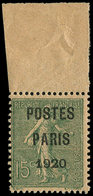 ** PREOBLITERES - 25  15c. Vert-olive, POSTES PARIS 1920, Bdf, TB. C - 1893-1947