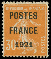 (*) PREOBLITERES - 35  30c. Orange, POSTES FRANCE 1921, Timbre RR, TB. C Et Br - 1893-1947