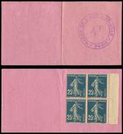 CARNETS (N°Cérès Jusqu'en1964) - Carnet Monnaie N°140, 25c. Bleu, BLOC De 4, BAZAR DE L HOTEL DE VILLE * Paris * 1 F, R - Other & Unclassified
