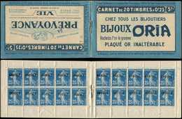 CARNETS (N°Cérès Jusqu'en1964) - 34   Semeuse Camée, 25c. Bleu, N°140B, T II, S. 38-A, LA PREVOYANCE/ORIA, Timbres Surch - Sonstige & Ohne Zuordnung