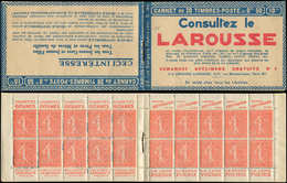 CARNETS (N°Cérès Jusqu'en1964) - 100  Semeuse Lignée, 50c. Rouge, N°199B, T IIB, S. 186, LAROUSSE, Fraîcheur Postale, Su - Other & Unclassified