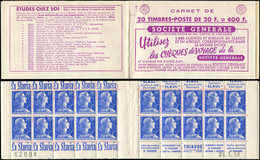 CARNETS (N°Cérès Jusqu'en1964) - 344  Muller, 20f. Bleu, N°1011B, T I, S. 2-58, SOCIETE GENERALE-EU 89760-785, N°62098, - Other & Unclassified