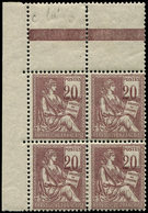 ** VARIETES - 113a  Mouchon, 20c. Brun-lilas, CHIFFRES TRES DEPLACES, BLOC De 4 Cdf, Ch. Sur Paire Inférieure, TB - Unused Stamps