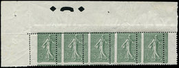 ** VARIETES - 130   Semeuse Lignée, 15c. Vert-gris, PIQUAGE à CHEVAL, BANDE De 5 Cdf, TB - Unused Stamps