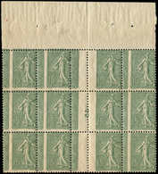 ** VARIETES - 130   Semeuse Lignée, 15c. Vert-gris, PIQUAGE à CHEVAL, BLOC De 12 Mill.3, Haut De Feuille, TB - Unused Stamps