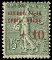 * VARIETES - 130   Semeuse Lignée, 15c. Vert-gris, Surch. Rouge GUERRE 14-16/CROIX ROUGE, TB, Cote Maury - Nuovi