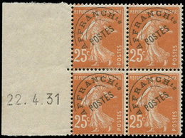 * VARIETES - 235a  Semeuse Camée, 25c. Jaune Brun, T IIIC, BLOC De 4 Bdf Gauche Daté 22/4/31, 2 Ex. **, TB - Unused Stamps