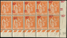 ** VARIETES - 359c  Paix, 80c. S. 1f. Orange, BLOC De 10 CD 7/9/39, Surcharge En BIAIS Sur 8 Ex. Et Bdf, 2 Ex. SANS Surc - Unused Stamps