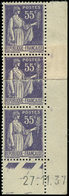 (*) VARIETES - 363   Paix, 55c. Violet, BANDE De 3 Datée 27/11/37, Impression Sur RACCORD, TB - Unused Stamps