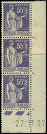 (*) VARIETES - 363   Paix, 55c. Violet, BANDE De 3 Datée 27/11/37, Impression Sur RACCORD, TB - Nuovi