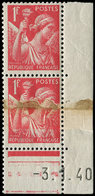 * VARIETES - 433b  Iris,  1f. Rouge, Impression SUR RACCORD Dans Une PAIRE Cdf Daté 3/1/40, TB - Unused Stamps