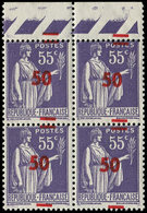 ** VARIETES - 478   Paix, 50 S. 55c. Violet, Surcharge A CHEVAL, BLOC De 4 Bdf, TB - Unused Stamps