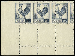 ** VARIETES - 640   Coq, 2f. Bleu-noir, PIQUAGE à CHEVAL, BANDE De 3 Cdf, TB - Unused Stamps