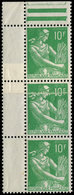 ** VARIETES - 1115A  Moissonneuse, 10f. Vert, BANDE De 3 Cdf, Un Ex. Impression Sur RACCORD, TB - Unused Stamps