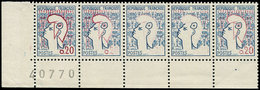 ** VARIETES - 1282   Marianne De Cocteau, SANS Le Rouge Allant à Normal Dans Une Bande De 5 Cdf, TB - Unused Stamps