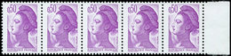 ** VARIETES - 2184   Liberté, 0,50 Violet, Papier COUCHE, BANDE De 5 Bdf, Un Ex. SANS PHOSPHO, R Et TB - Unused Stamps