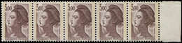 ** VARIETES - 2243   Liberté, 3,00 Brun-violet, Griffe Verticale (case 66) Dans Une BANDE De 5 Bdf, TB - Unused Stamps