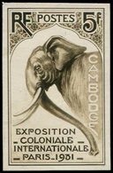 Collection Henri Cheffer - Exposition Coloniale 1931, Cambodge 5f. Eléphant, Projet Non Retenu, Petite Maquette En Sépia - Non Classés