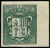 ** ANDORRE 58 : 50c. Vert Foncé, NON DENTELE Accidentel, Bdf, 5 Pièces Connues, RRR, TB. C - Unused Stamps