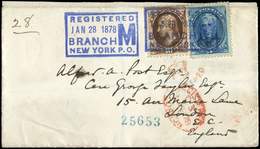 Let ETATS-UNIS 55B Et 59 : 5c. Bleu Et 10c. Brun Obl. Registered JAN 28 1878/BRANCH/NEW-YORK P.O Sur Env., Arr. Londres  - Otros & Sin Clasificación