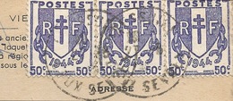 3 Timbres Croix De Lorraine 1944 50c Sur CPA Eglise St Cyprien Dépt 79 - Usados