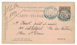 CACHET BLEU TELEGRAPHE DE PARIS BAGNOLET 1896 Sur PNEUMATIQUE CARTE-TÉLÉGRAMME TYPE CHAPLAIN 30c - Pneumatici