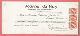 M - Reçu De Héron Par Burdinne Pour Journal De Huy - Obl Huy(Nord) Le 6-Avr-1906 Sur 74x Bande De 3 - 1900 – 1949