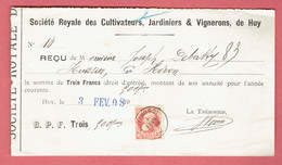 M - Reçu De Héron Pour Société Des Cultivateurs,Jardiniers&Vignerons - Obl Huy(Nord) Le 3-Févr-1908 Sur 74 - 1900 – 1949