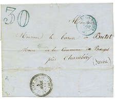 1861 T.15 ST GENIS-S-GUIER En BLEU (rare) + Taxe 30 D.T Bleu Sur Lettre Avec Texte Pour LE BOURGET. Verso, T.22 LE BOURG - Andere & Zonder Classificatie