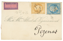 20c(n°22) + 10c(n°28) Pd Obl. MONTPELLIER Sur Petit CARTON Pour PEZENAS. RARE. Superbe. - 1863-1870 Napoléon III Lauré