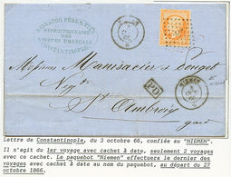 "NIEMEN" : 1866 40c(n°23) Obl. ANCRE + NIEMEN 3 Oct 66 Sur Lettre De CONSTANTINOPLE Pour La FRANCE. Paquebot RARE. TB. - Correo Marítimo