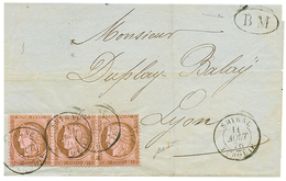 1876 10c CERES Bande De 3 Obl. Cachet à Date SMYRNE TURQUIE + B.M Sur Lettre (ss Texte) Datée CONSTANTINOPLE Pour LYON.  - Autres & Non Classés