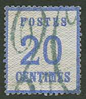 ALSACE LORRAINE - 20c Obl. Cachet Taxe 20 En Bleu. Trés Rare Sur Timbre. Signet JAMET. Superbe. - Autres & Non Classés